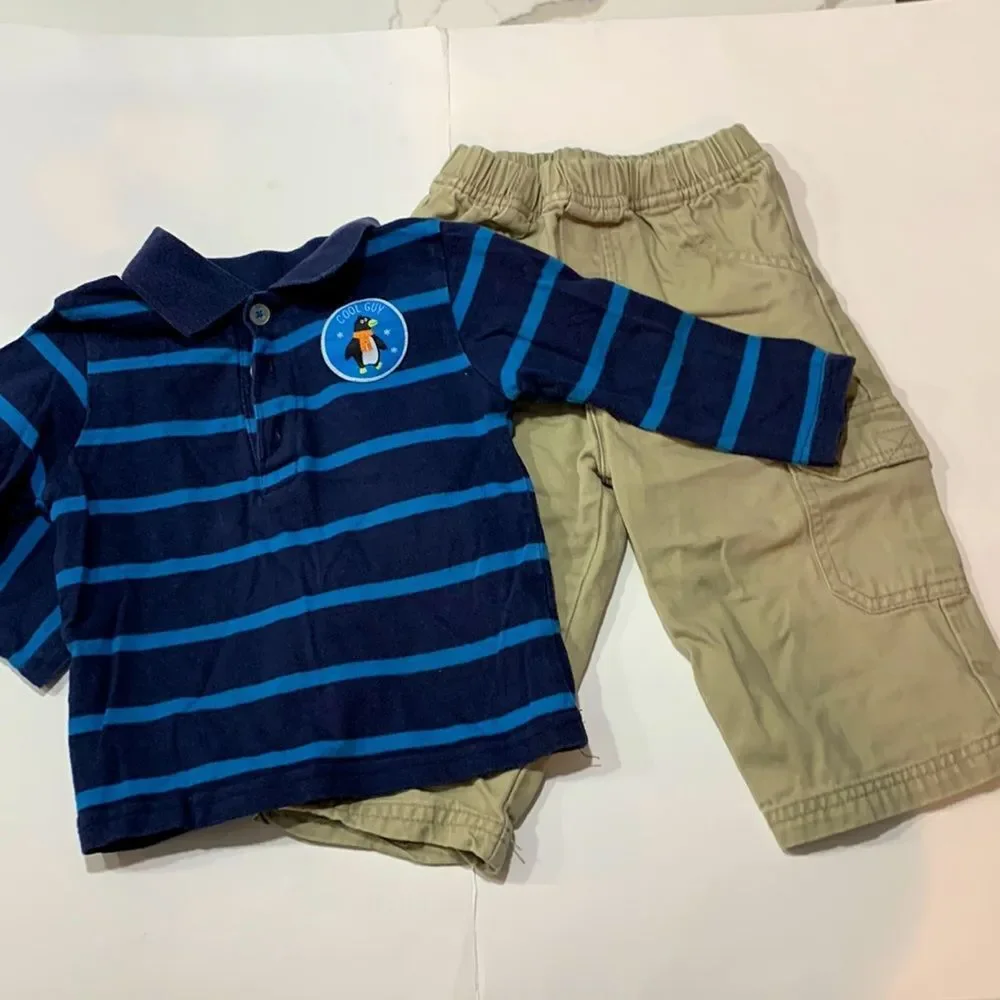 Carter’s Okie Dokie | Boys Blue Striped Penguin Shirt Tan Khaki Casual Pants 12M